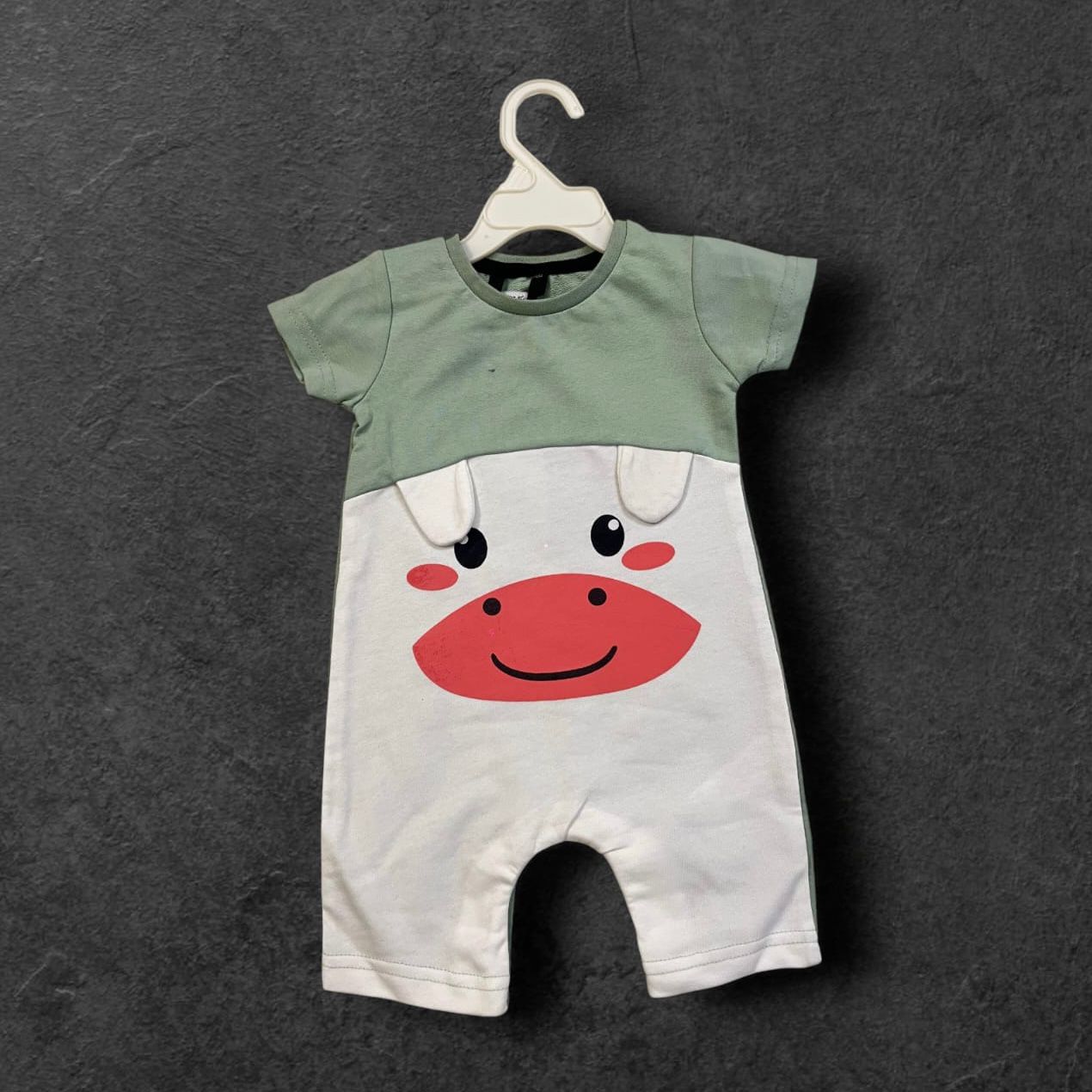 Cubtales Boys Romper – Green & White Cow Face Short Sleeve Romper