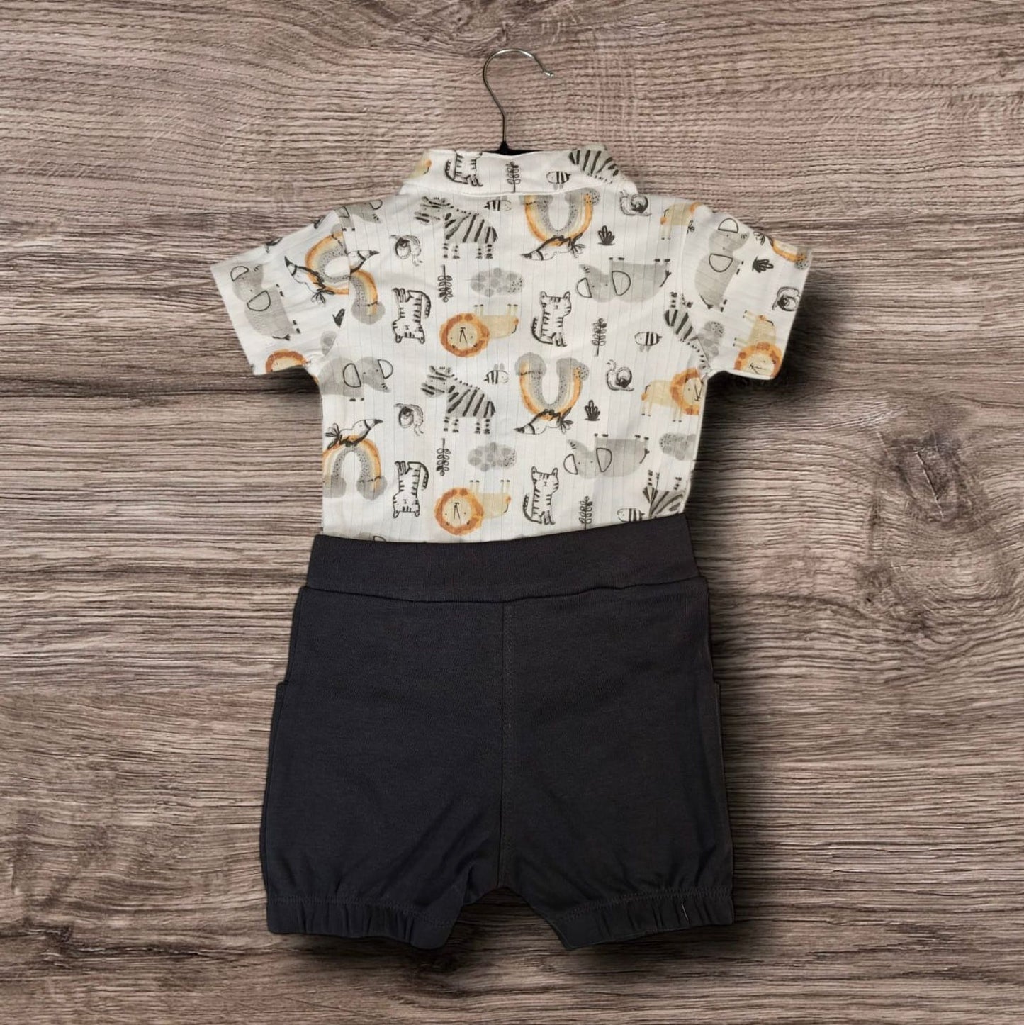 Cubtales Boys Occasion Wear – Printed Shirt with Navy Suspender Shorts & Bow Tie