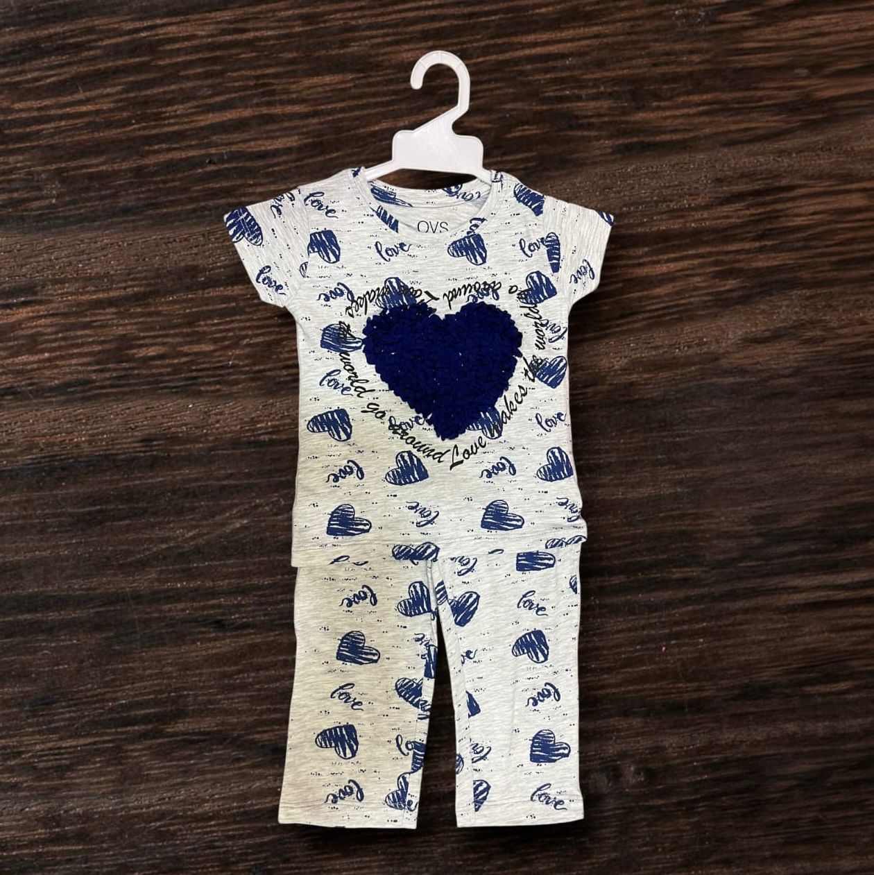 Cubtales Girls Co-ord Set – White & Blue Heart Print T-Shirt and Pants