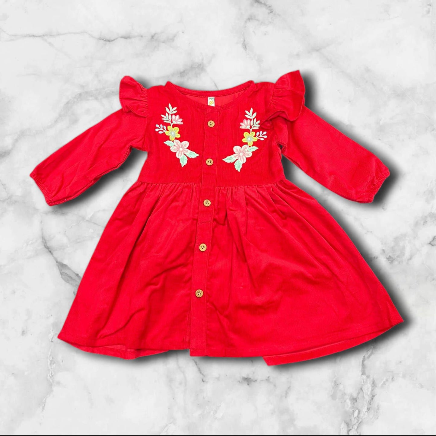 Cubtales Girls Dress – Red Floral Embroidered Long Sleeve Frock