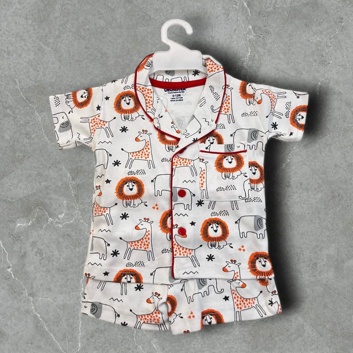 Cubtales Boys Night Suit – White Safari Print Shirt & Shorts Set