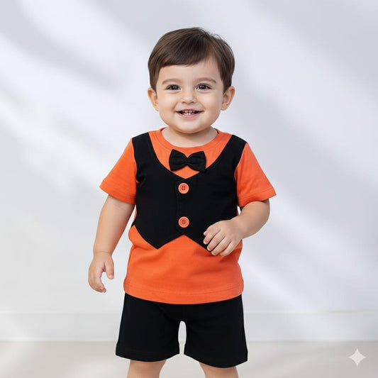 2-Piece Baby Boy Party Wear Set – Orange Tee & Black Shorts