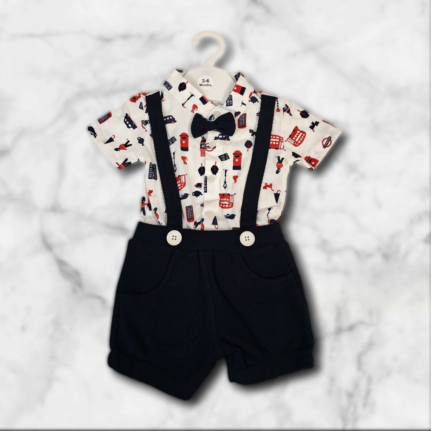 Elegant White Romper for Babies – Red Bus & London Icons in Fine Cotton