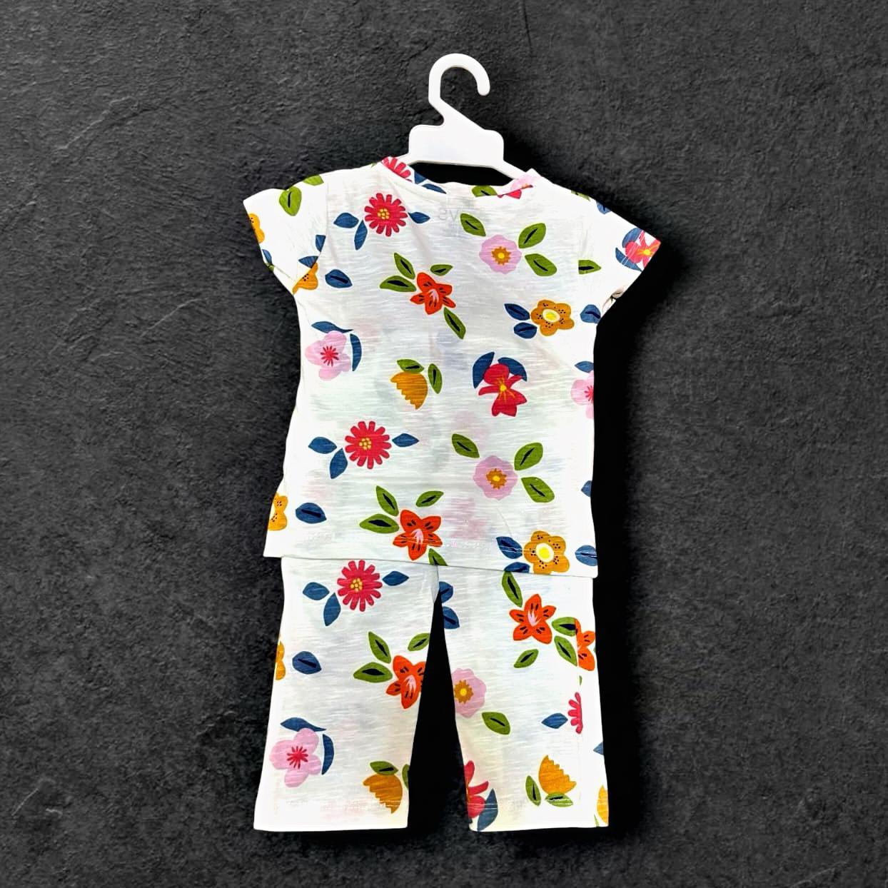 Girls Co-ord Set in White Cotton – Floral Motif | Cubtales