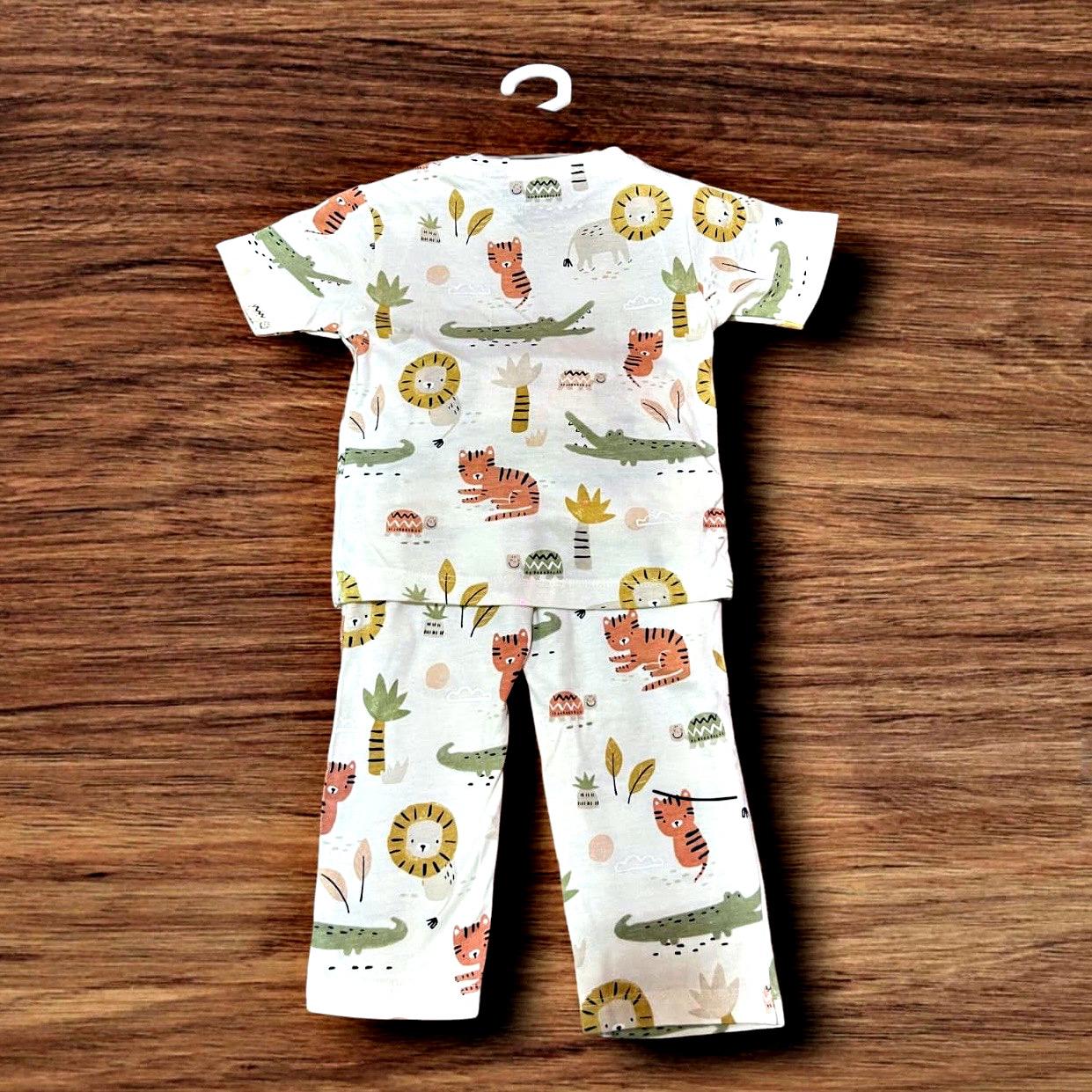 Girls Co-ord Set in White Cotton – Animal Motif | Cubtales