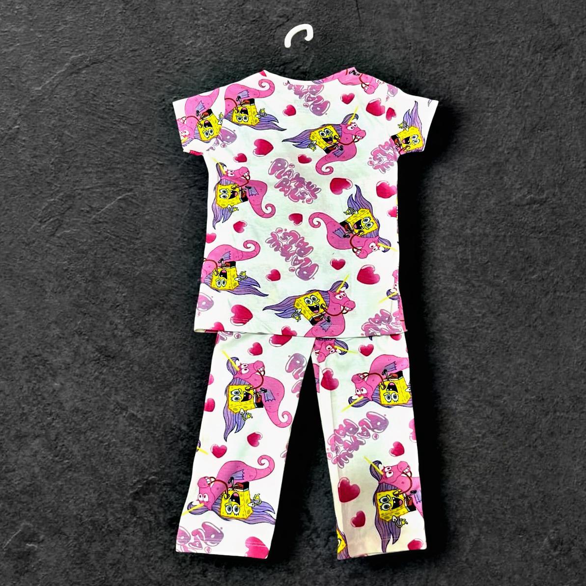 Girls Co-ord Set in White Cotton – Sponge Bob Motif | Cubtales
