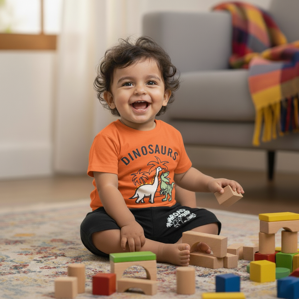 Cubtales Boys Dinosaurs Orange T-Shirt and Blue Dino Print Shorts Set for Baby Boys